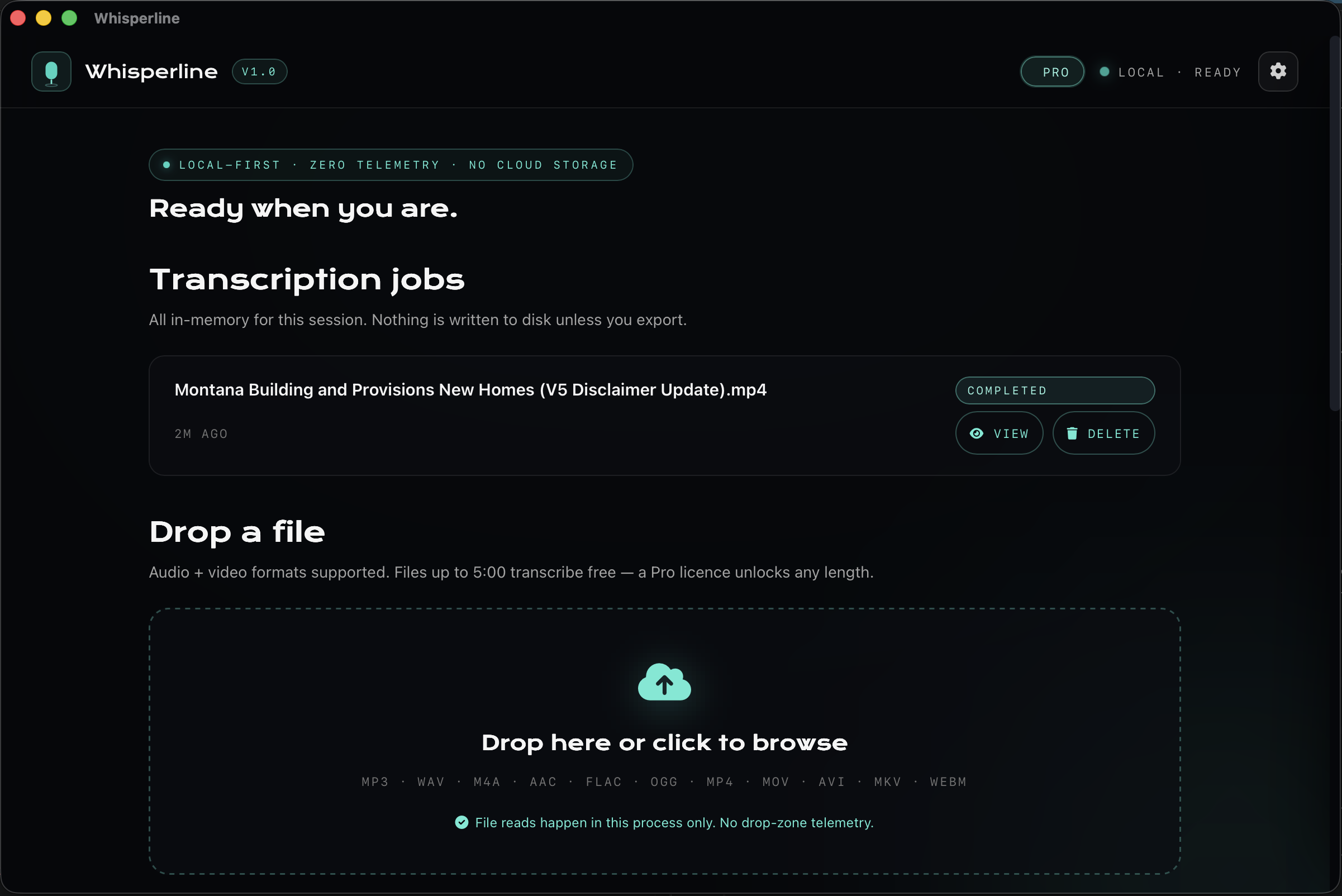Whisperline desktop app — drag-drop area with a completed transcription job and the Pro licence active