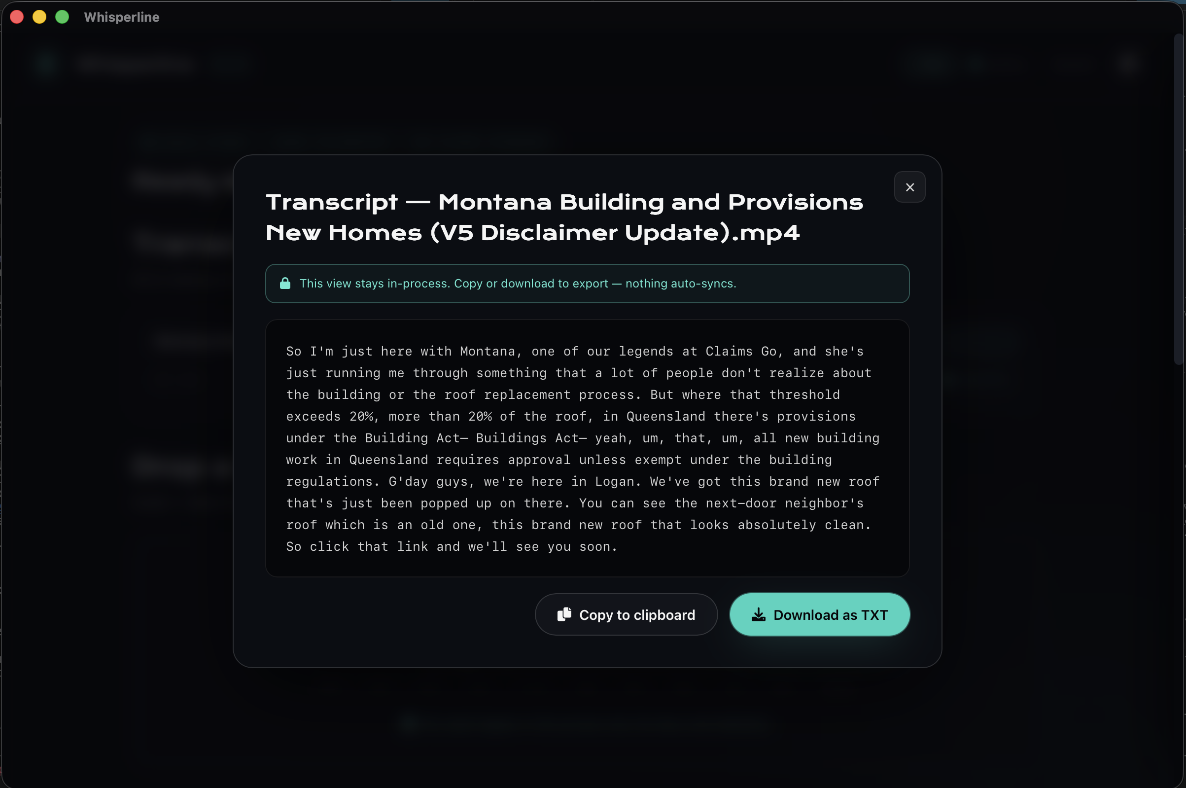 Whisperline transcript view — clean text with copy-to-clipboard and export-to-TXT actions